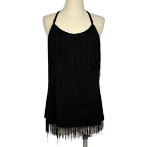 MANER Womens Black Tiered Fringe Tassel Halter Tank Top Size L Boho Festival